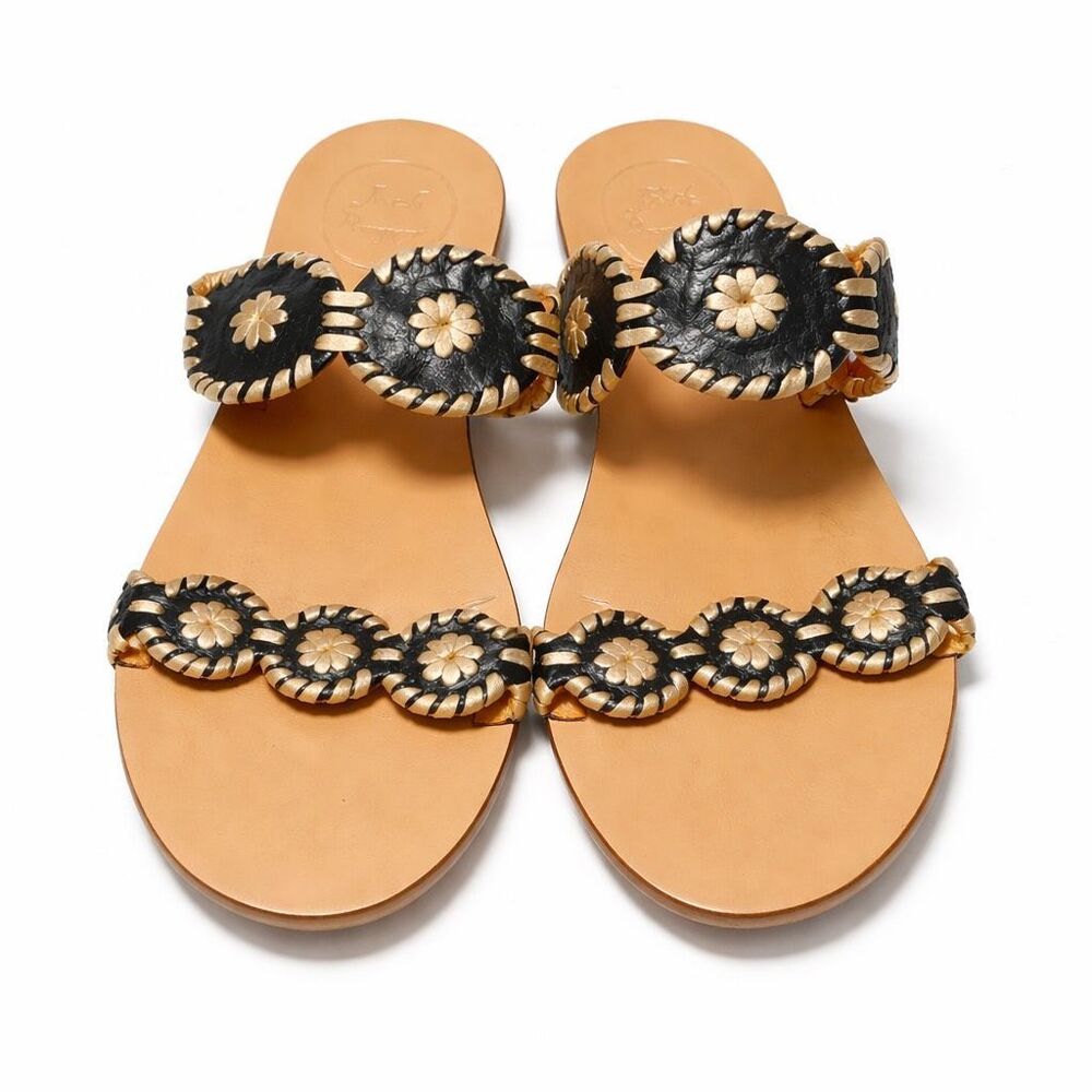 Jack Rogers Disc Sandals Leather Black Tan Womens Boho Coastal Flat 8M
